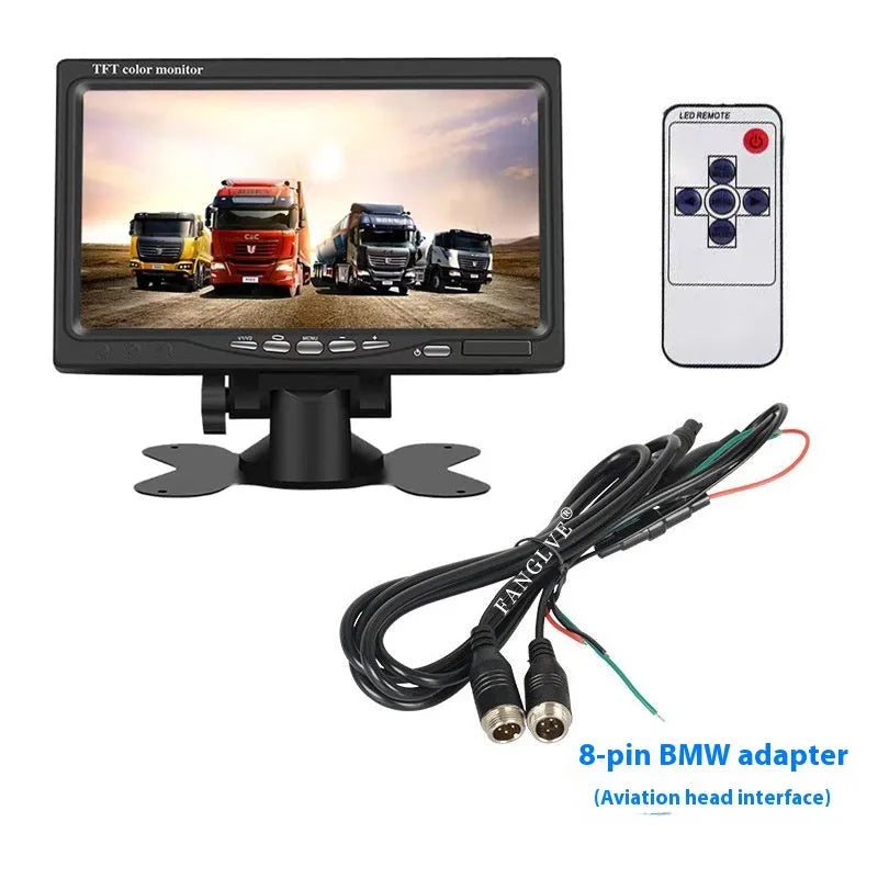 7-inch car monitor and reversing display with camera and video cable, TFT screen, ABS housing, desktop or rearview mirror fitting.