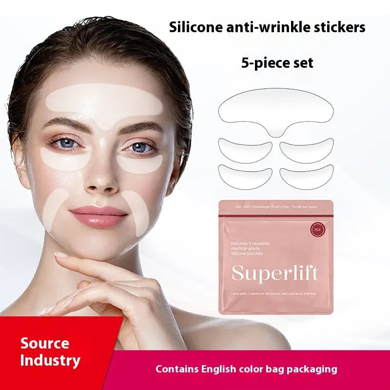 Anti-wrinkle face stickers silicone reusable 5-piece set for wrinkle removal resistance and prevention, lightweight 26.8g pack with skin-safe silicone material.