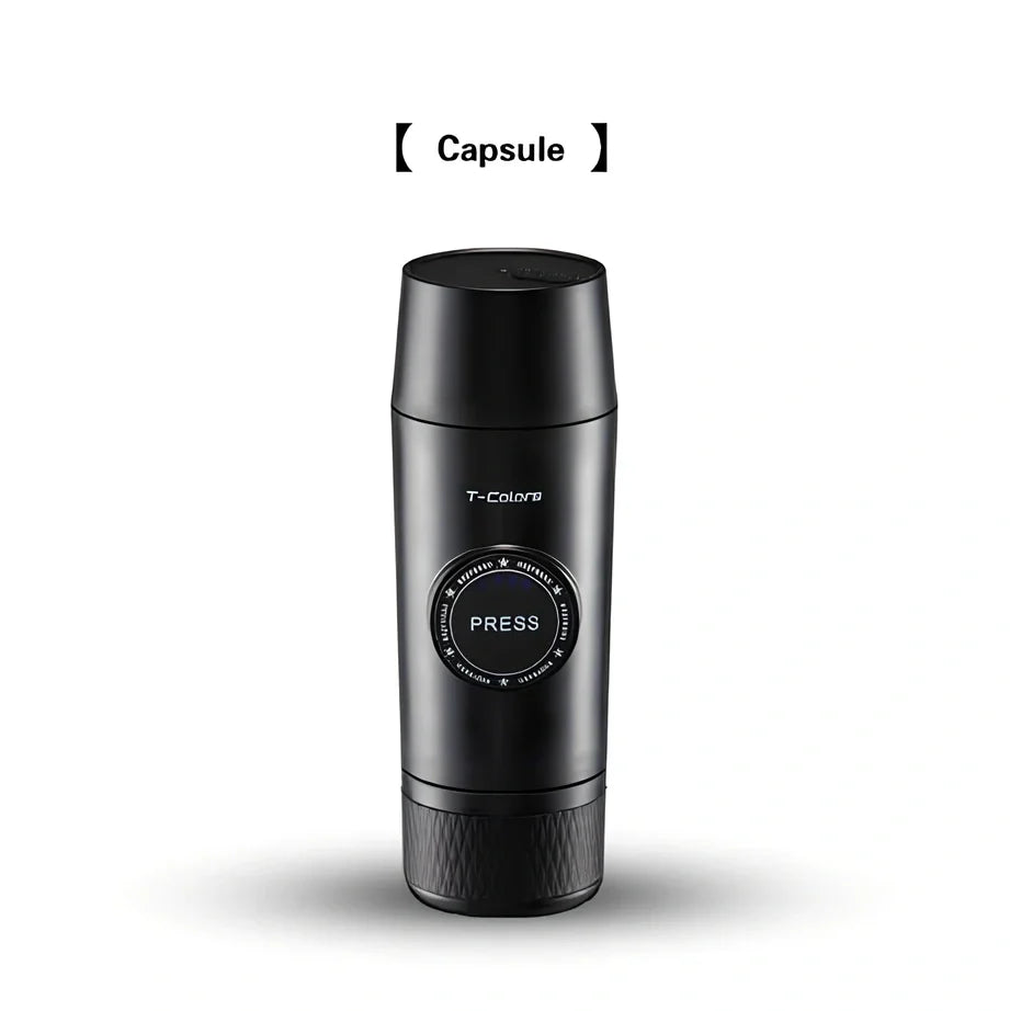 Mini portable espresso maker with rechargeable battery showing 18-bar pressure system and 80ml water tank
