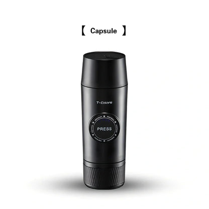 Mini portable espresso maker with rechargeable battery showing 18-bar pressure system and 80ml water tank