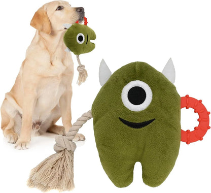 Blue and green plush dog toy with integrated cotton rope and squeaker for interactive play