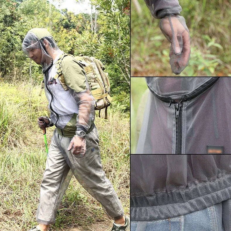 Grey plaid mesh anti-mosquito jacket for outdoor cycling hiking camping fishing, unisex sizes M to XXXL