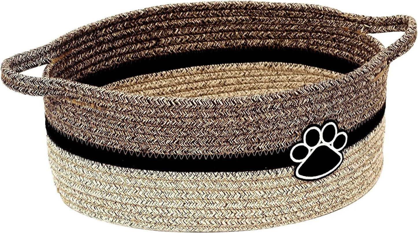 Handmade woven storage basket with handle measuring 34x26x15cm in light beige colour