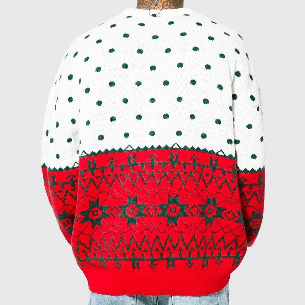 Men's knitted pullover sweater with jacquard pattern in green and white colors