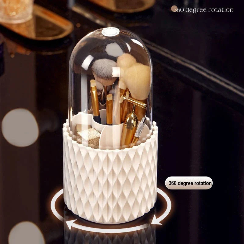 Rotating makeup brush holder with transparent cover, designed for organization and protection of cosmetic tools