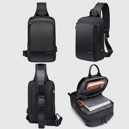 Casual men's USB oxford cloth chest bag with multiple pockets and USB charging port