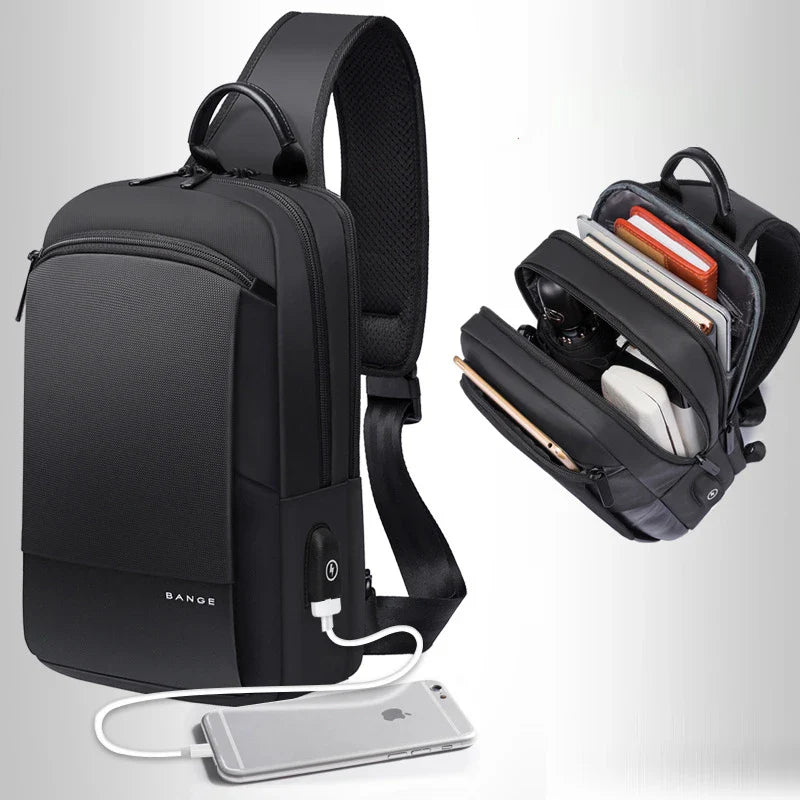 Casual men's USB oxford cloth chest bag with multiple pockets and USB charging port