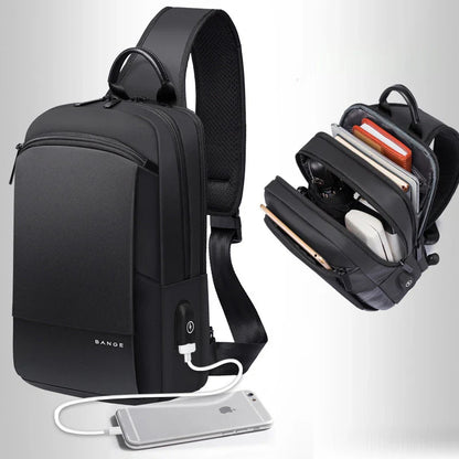 Casual men's USB oxford cloth chest bag with multiple pockets and USB charging port