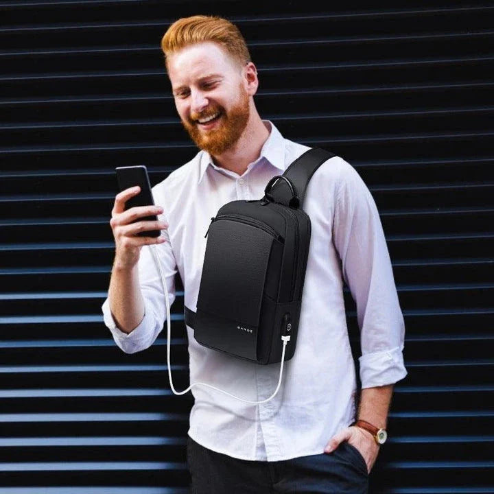 Casual men's USB oxford cloth chest bag with multiple pockets and USB charging port