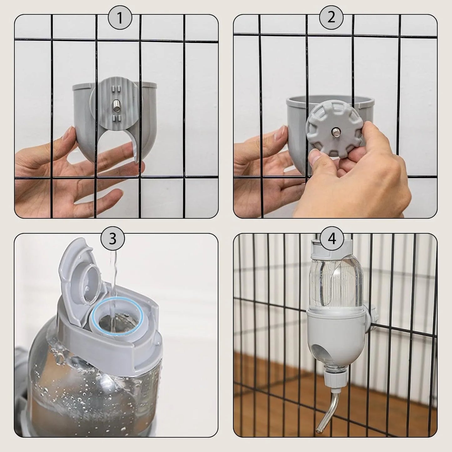 Blue small animal water bottle with rotatable nozzle mounted on a wire cage for a rabbit or guinea pig.