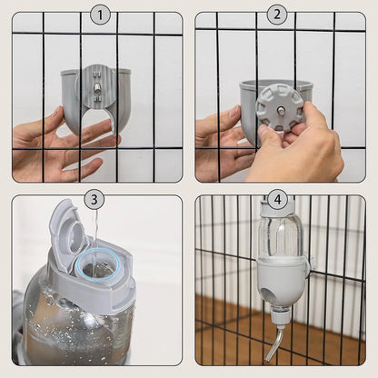 Blue small animal water bottle with rotatable nozzle mounted on a wire cage for a rabbit or guinea pig.