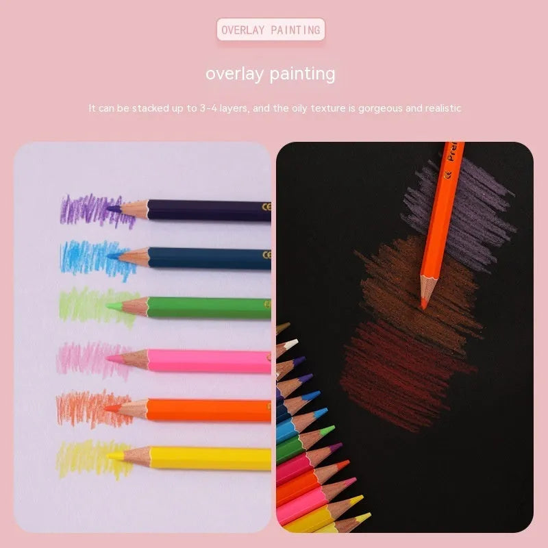 Colour pencil set with double-headed brush design showing wooden pencils in 12 or 24 colour options