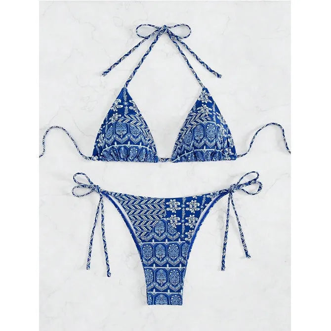 Women's bandage swimsuit with split bikini printing and stitching detail in polyester fabric