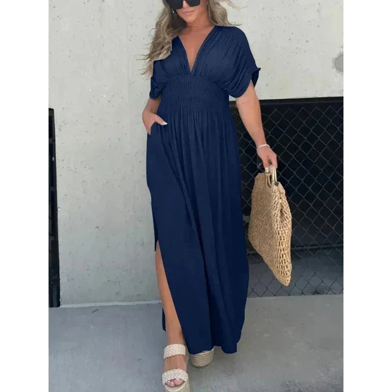 Stylish bat-sleeve v-neck slit dress in a variety of colors, including khaki, black, wine red, dark blue, and caramel