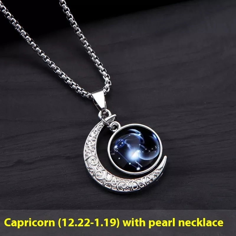 12 Constellation Glowing Necklace with luminous stone pendant and titanium steel chain