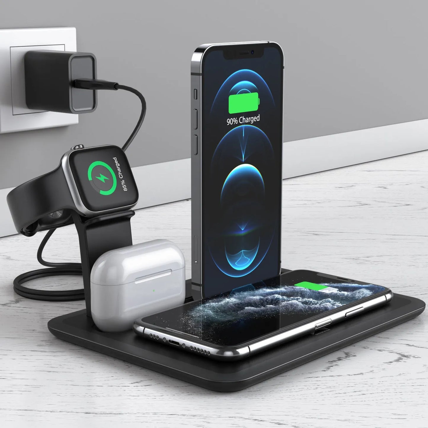 Black wireless charging bracket holding a phone at an angle, with USB cable and ports for watch and headphone charging