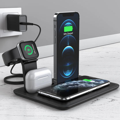 Black wireless charging bracket holding a phone at an angle, with USB cable and ports for watch and headphone charging