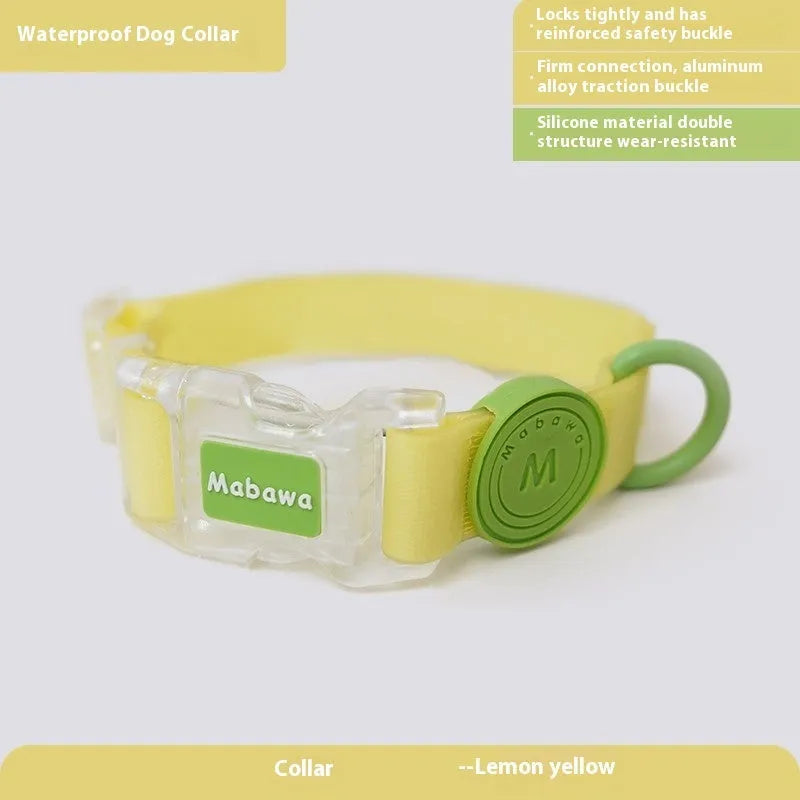 Nylon dog collar and hand holding rope in smoky gray, new green, lemon yellow, and rose pink colour options.