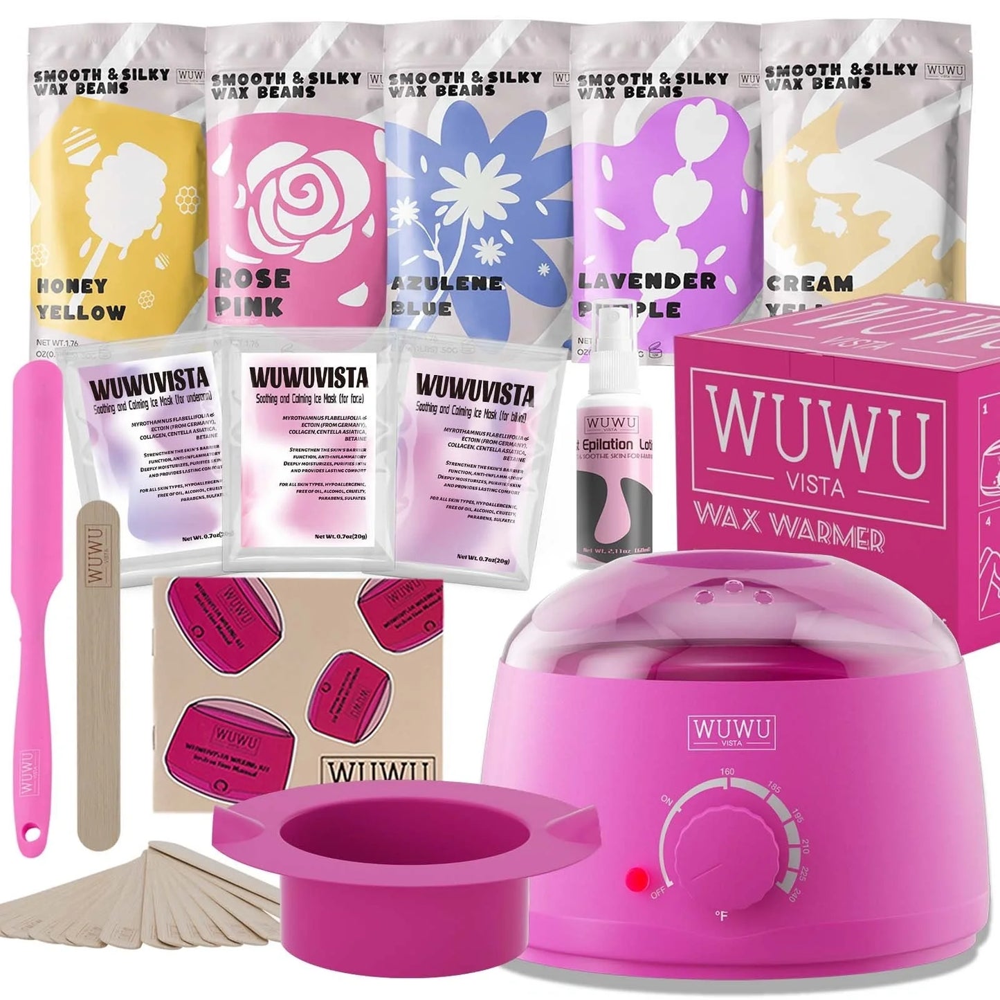 WUWUVISTA Wax Beads Kit with wax warmer, silicone tools, and soothing post-wax treatments for salon-quality hair removal at home