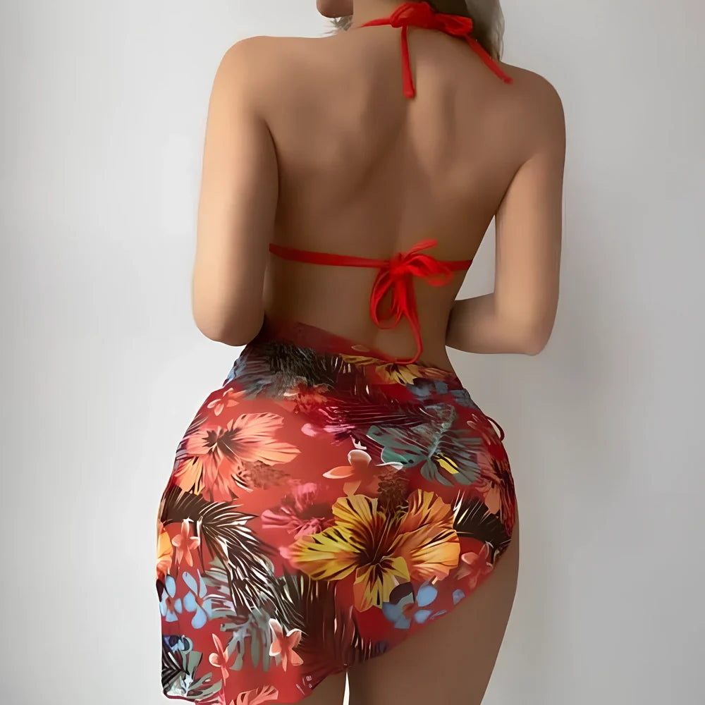 Women's three-piece swimsuit set with chest pad, panties, and yarn skirt in polyester fabric