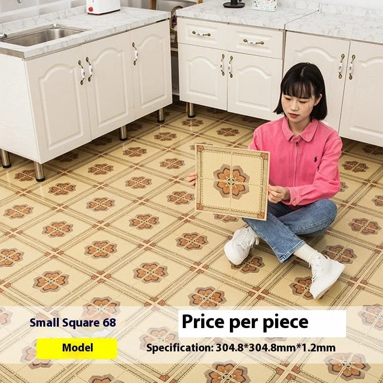 Self-adhesive vinyl flooring tile showing 30cm x 30cm dimensions with peel-and-stick backing visible