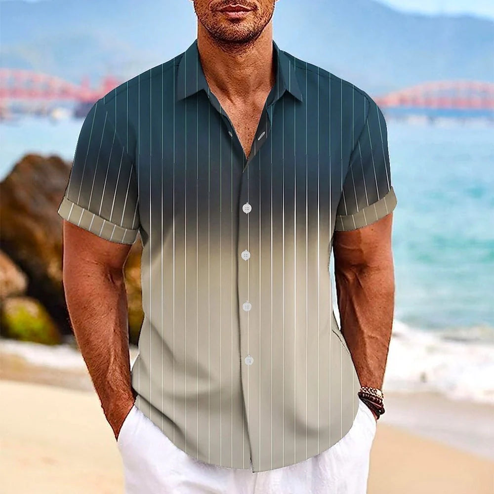 Men's gradient striped short-sleeved shirt with lapel button detail