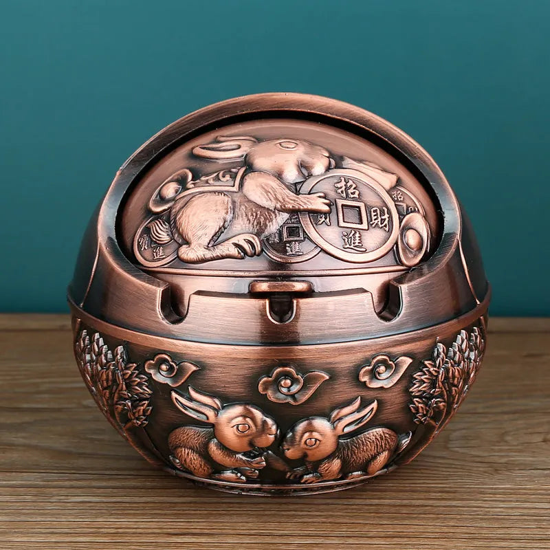 Alloy ashtray with smoke extinguishing slot in bronze finish, featuring Dragon and Phoenix motif, S size
