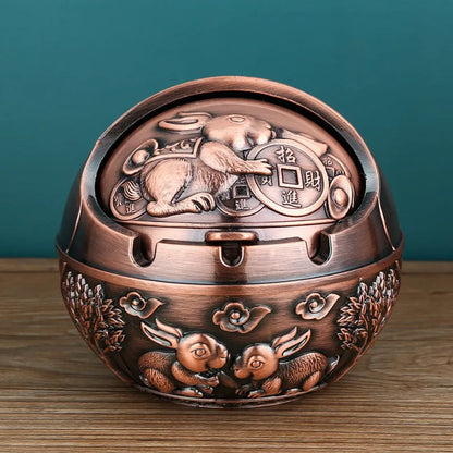 Alloy ashtray with smoke extinguishing slot in bronze finish, featuring Dragon and Phoenix motif, S size