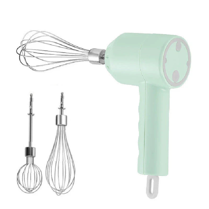Cordless mini wireless electric hand mixer with whisk and beater attachments, available in green, white, and pink colors