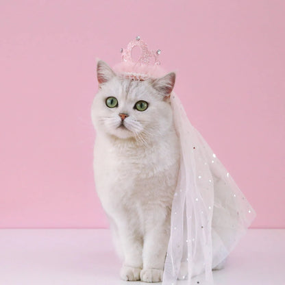 Cat wearing a princess crown headdress with a choice of beige or pink veil