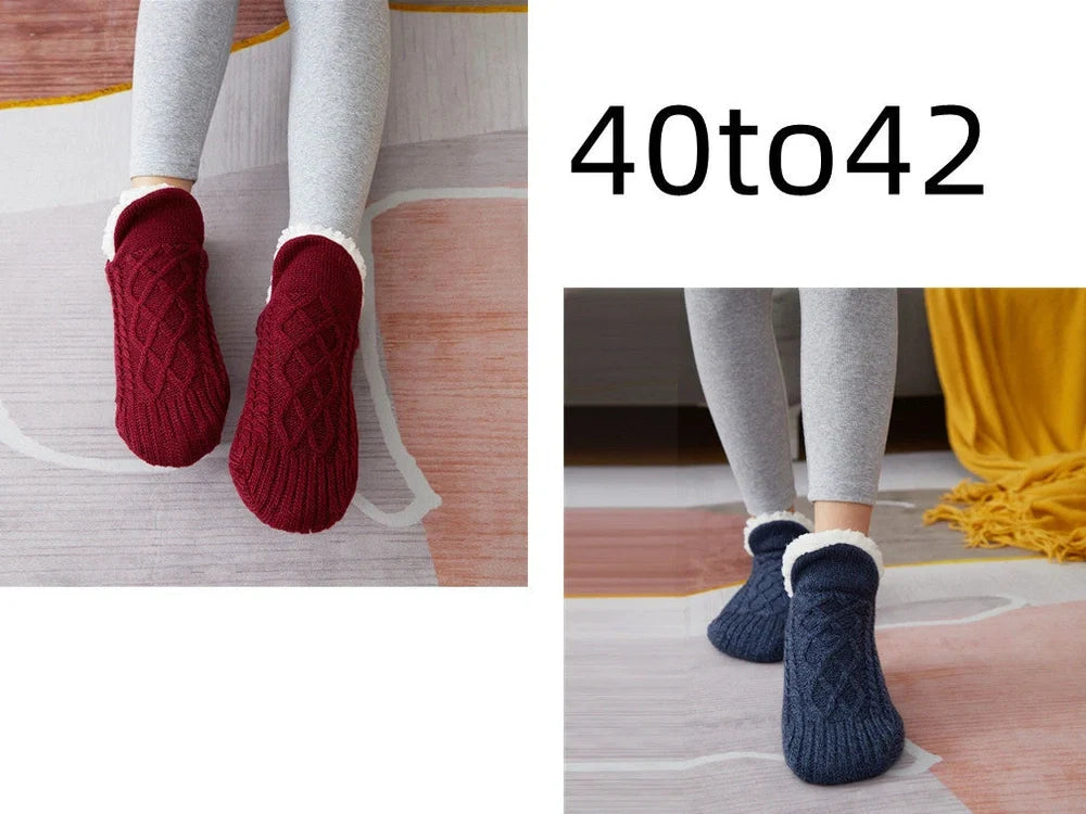 Winter woolen socks with V-opening design and anti-slip dots on soles in navy blue colour