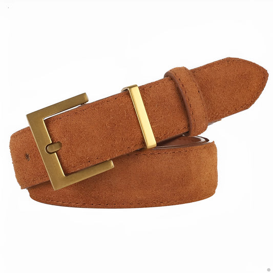 Ladies' brown leather belt with quadrilateral alloy pin buckle for dresses and coats