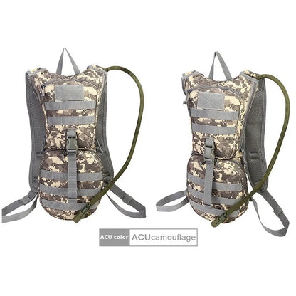 Green camouflage cycling hydration backpack with large main compartment and ergonomic back panel.