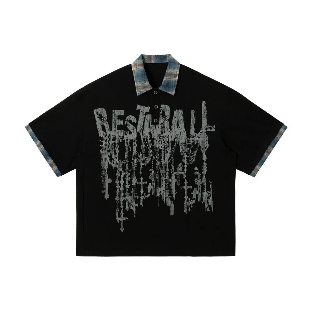 Men's asymmetric lapel graffiti print cotton top in loose fit with short sleeves for summer street style