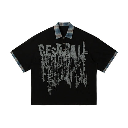 Men's asymmetric lapel graffiti print cotton top in loose fit with short sleeves for summer street style