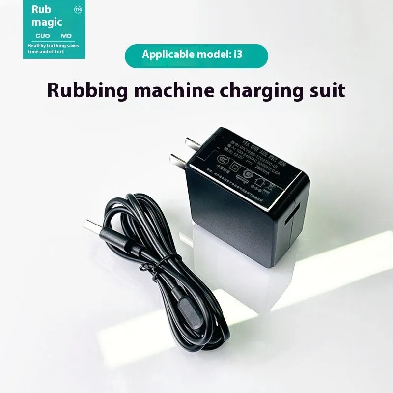 Grey wall-mounted electric bath rubbing machine with rub back plate, three nylon brush heads and charger