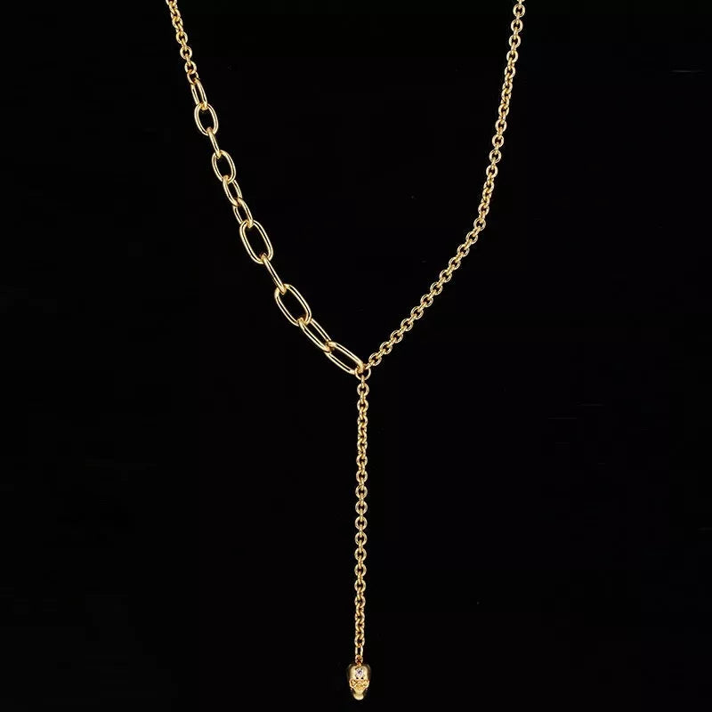 Punk style Y-shaped necklace with zirconium skull pendant and mixed gem inlaid