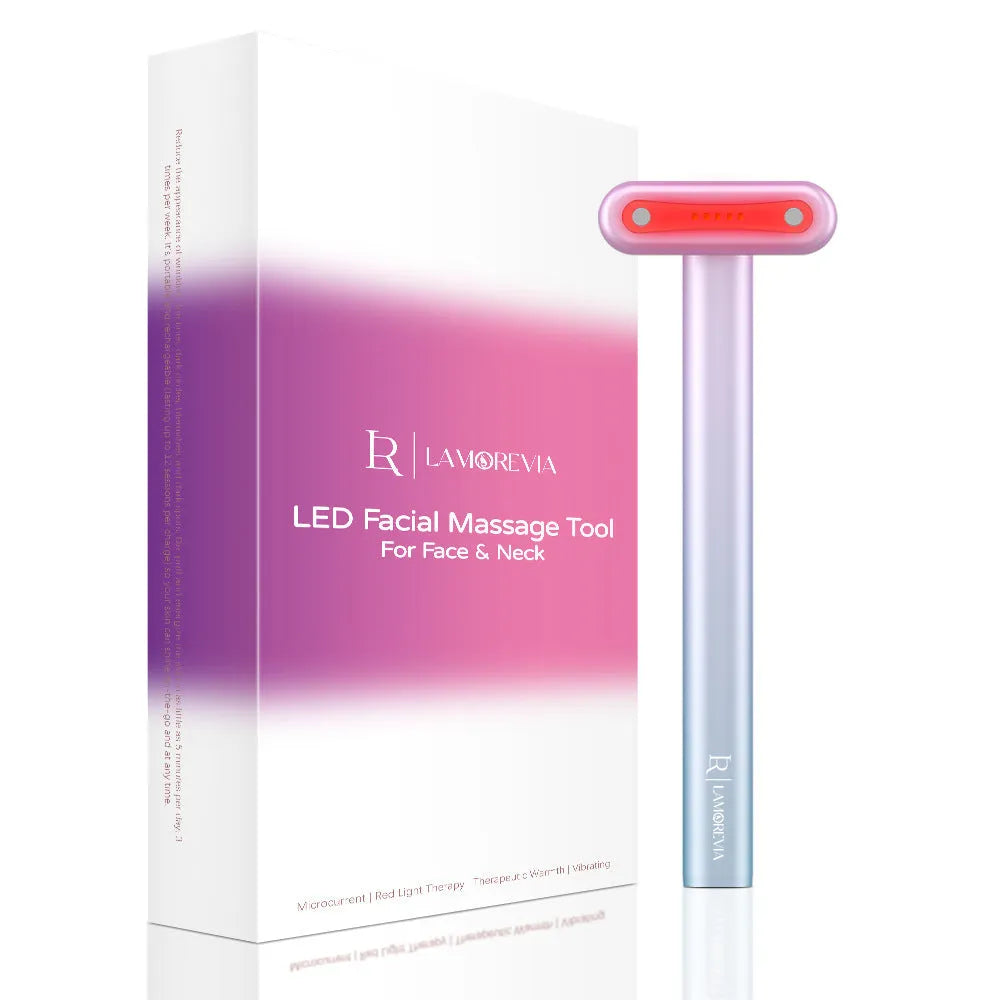 Wand face and neck massager with rotatable 90 degree head, EMS micro-current, vibration and LED red light