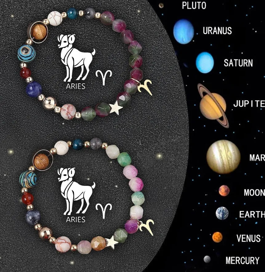 Two natural stone beaded bracelets with zodiac sign charms on adjustable knotted cords