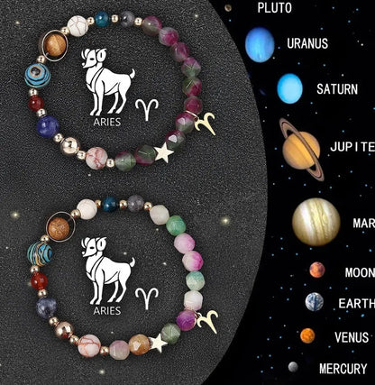 Two natural stone beaded bracelets with zodiac sign charms on adjustable knotted cords