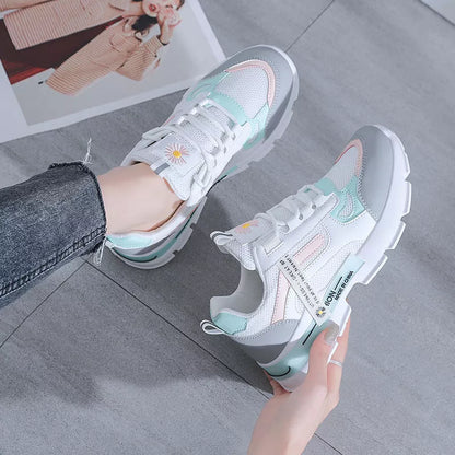 Korean style daddy shoes for women in green and pink, sporty street fashion