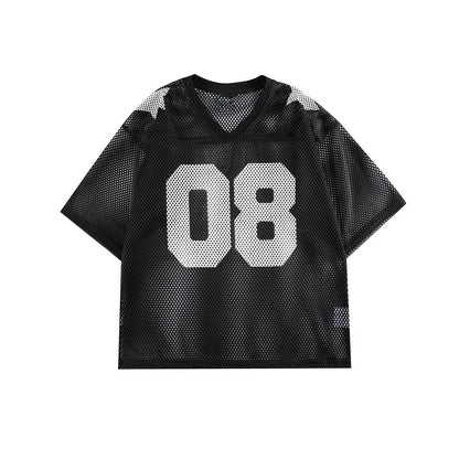 Black loose fit half sleeve shirt with a white letter print, laid flat.