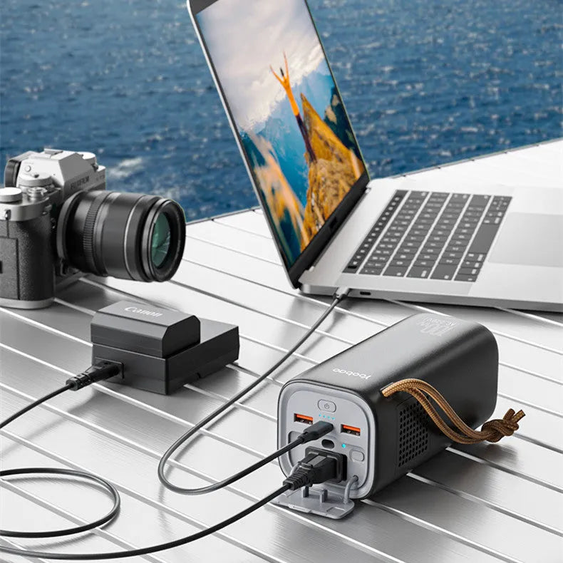 Black battery emergency power bank with solar panel, 70mm by 70mm by 162mm, showing 200W output and charging ports