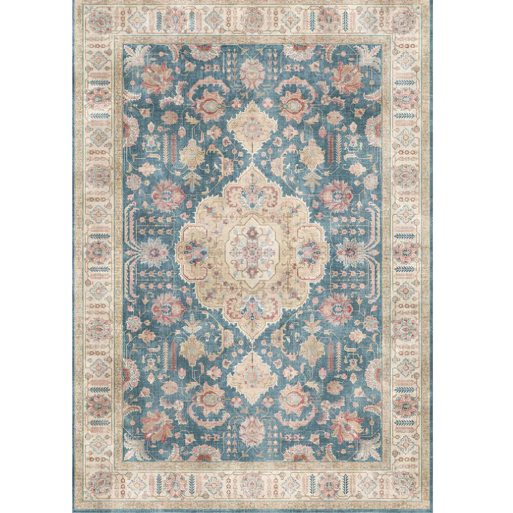 Short pile wool carpet with woven plant patterns in navy blue colour, rectangular shape for study flooring