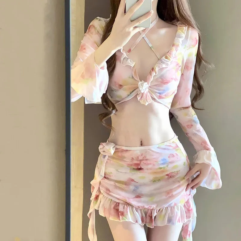 Women's floral bikini set in cherry blossom pink with polyester fabric, sizes S to XL for UK beach or hot spring use