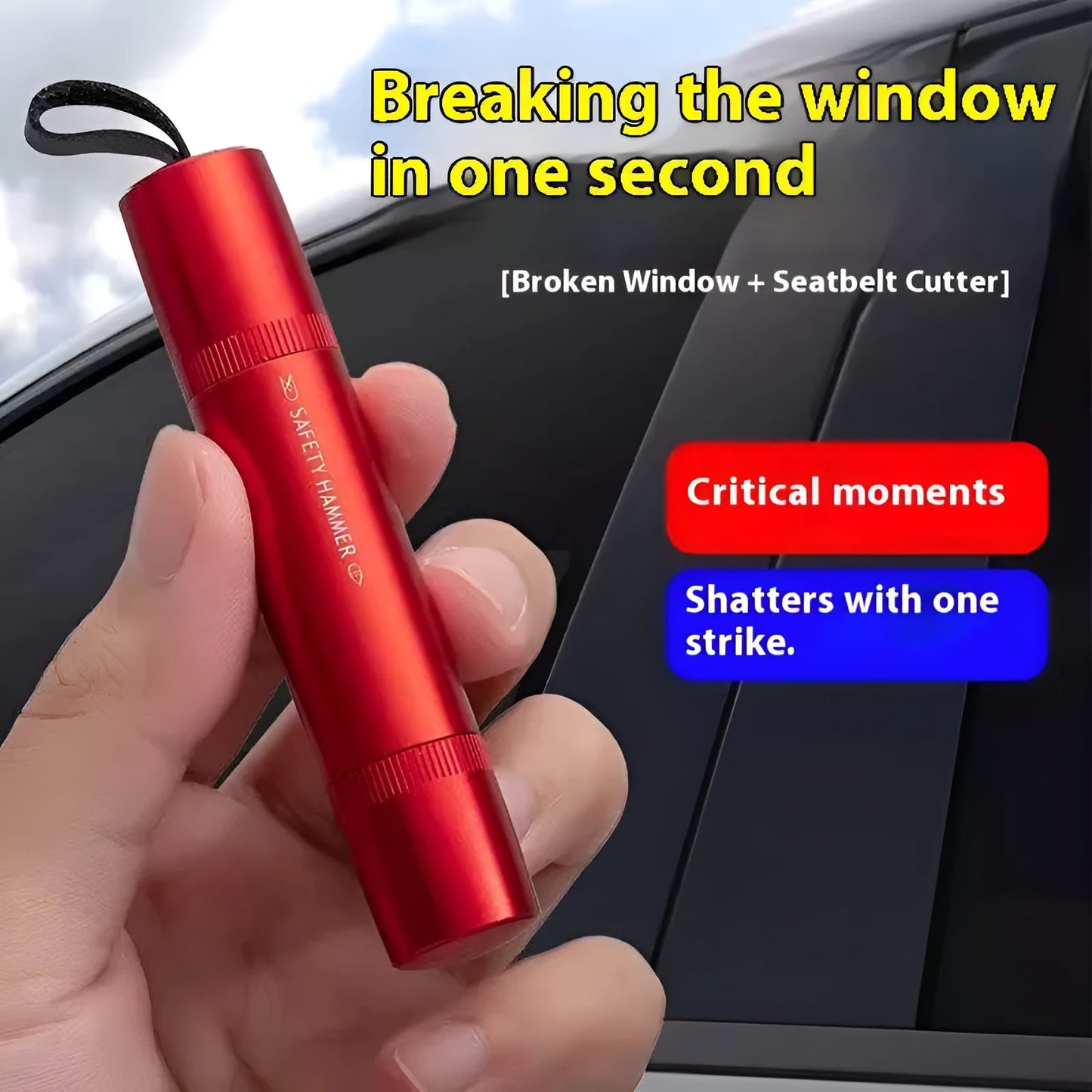 Black and red car safety life hammer with window breaking tip and seatbelt cutter