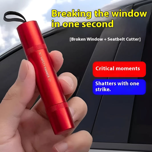 Black and red car safety life hammer with window breaking tip and seatbelt cutter
