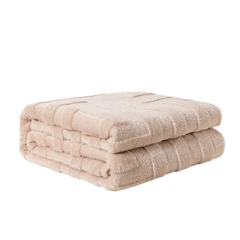 Thick square coral fleece blanket in a modern style, shown in one of five colours including lake blue or khaki.