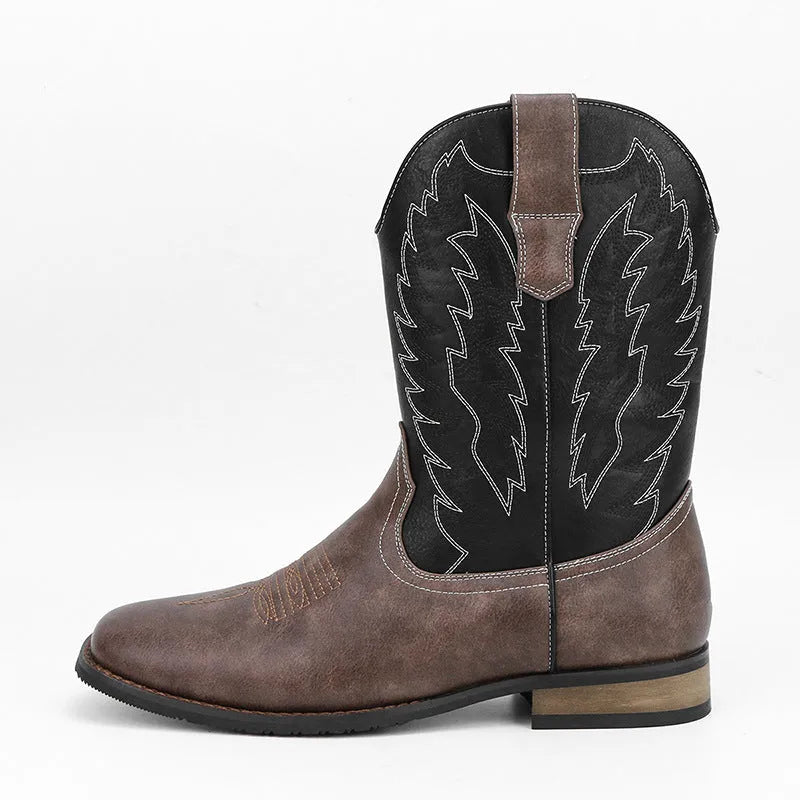 Men's black western denim square toe motorcycle boots with low wedge heel and embroidery detail.