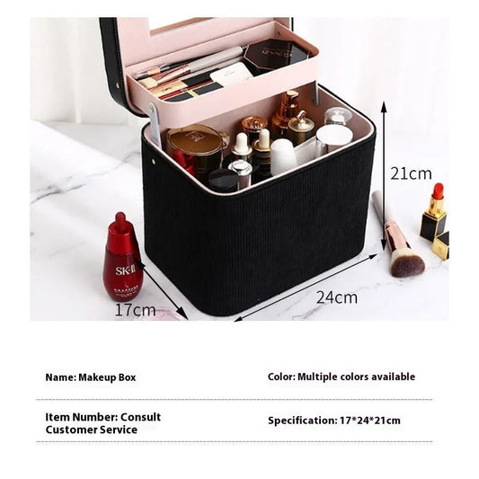 Large corduroy cosmetic storage box with 30-litre capacity in solid colour option with polyester cotton lining
